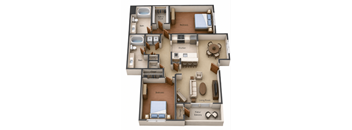 A 3D layout of a house showing the arrangement of rooms.