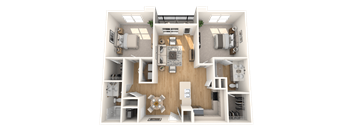 A 3D floor plan of a house with two bedrooms, a living room, a kitchen, and a bathroom.