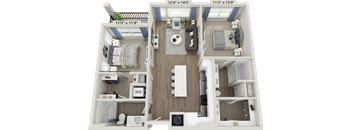 A 3D floor plan of a small apartment with a living room, kitchen, and bedroom.
