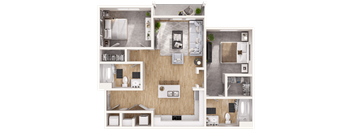 A detailed floor plan of a modern apartment with a kitchen, living room, and bathroom.