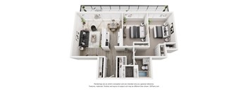 A 3D floor plan of a house with a kitchen, living room, and two bedrooms.