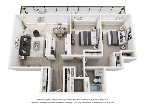 A 3D floor plan of a house with a kitchen, living room, and two bedrooms.