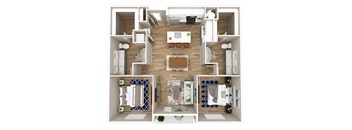 A top-down view of a small apartment with a kitchen, living room, and bathroom.