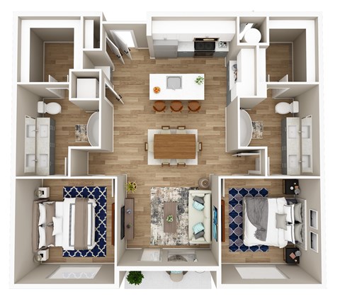 A top-down view of a small apartment with a kitchen, living room, and bathroom.