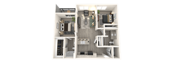 A 3D rendered image of a modern apartment layout.