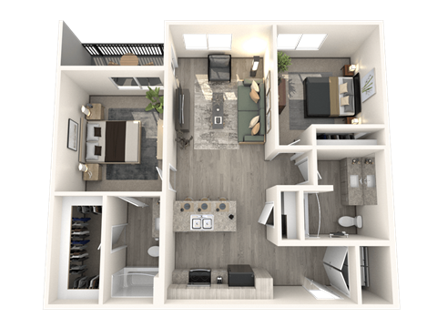 A 3D rendered image of a modern apartment layout.