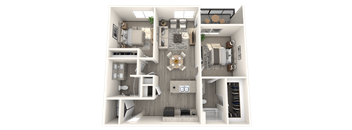 A 3D floor plan of a small apartment with a kitchen, living room, and bedroom.