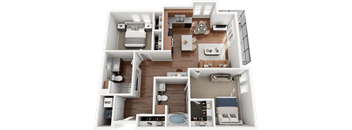 A 3D floor plan of a house with a living room, kitchen, and bedrooms.