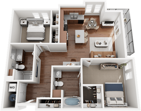 A 3D floor plan of a house with a living room, kitchen, and bedrooms.