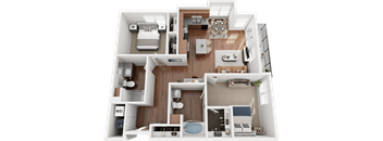 A 3D floor plan of a house layout.