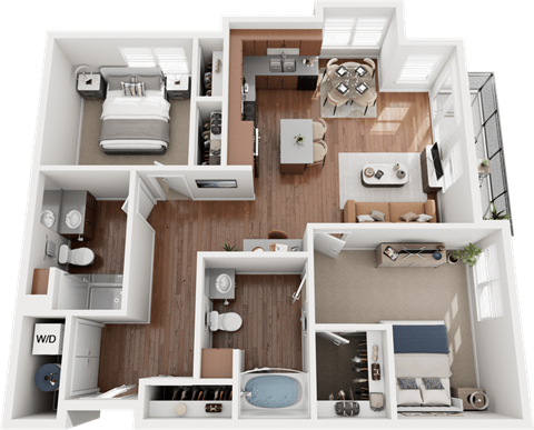 A 3D floor plan of a house layout.