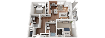 A detailed 3D floor plan of a modern apartment layout.