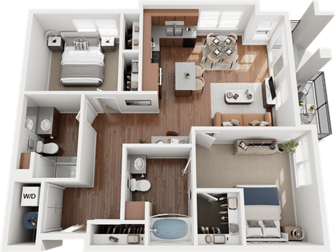 A detailed 3D floor plan of a modern apartment layout.