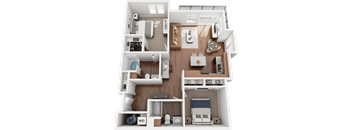 A detailed 3D floor plan of a small apartment layout.