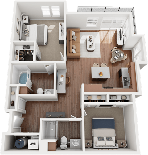 A detailed 3D floor plan of a small apartment layout.