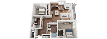 A 3D floor plan of a house with a kitchen, living room, and bedrooms.