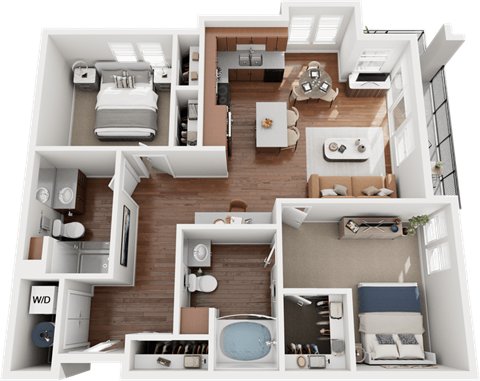 A 3D floor plan of a house with a kitchen, living room, and bedrooms.