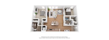 A 3D floor plan of a house with a kitchen, living room, and bedrooms.