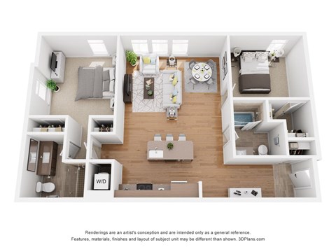 A 3D floor plan of a house with a kitchen, living room, and bedrooms.