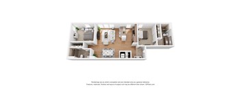 A 3D floor plan of a house with a kitchen, living room, dining room, and two bedrooms.
