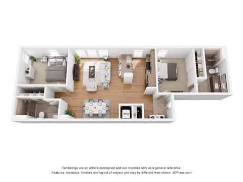 A 3D floor plan of a house with a kitchen, living room, dining room, and two bedrooms.