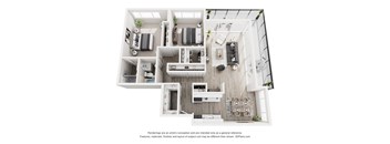 A 3D floor plan of a modern apartment with a kitchen, living room, and two bedrooms.