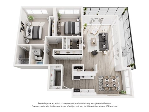 A 3D floor plan of a modern apartment with a kitchen, living room, and two bedrooms.
