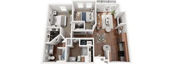 A detailed 3D floor plan of a small apartment layout.