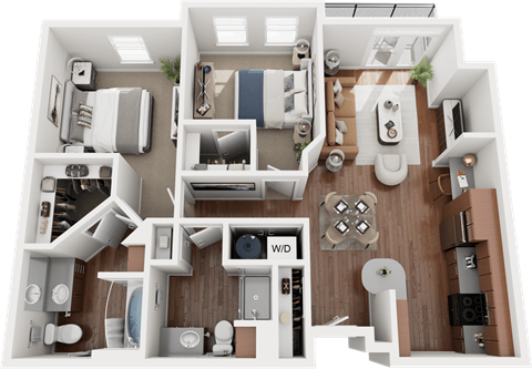 A detailed 3D floor plan of a small apartment layout.