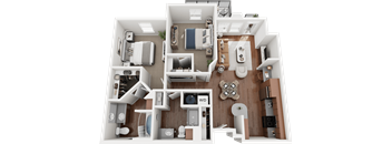 A detailed 3D floor plan of a small apartment layout.