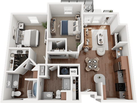 A detailed 3D floor plan of a small apartment layout.