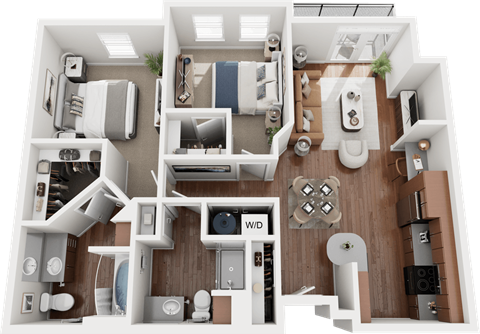 A detailed 3D floor plan of a house layout.