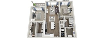 A 3D floor plan of a house with dimensions and labeled rooms.