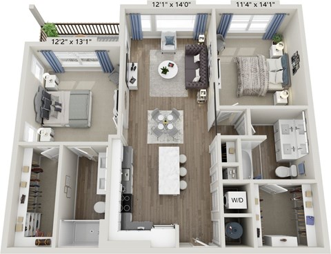 A 3D floor plan of a house with dimensions and labeled rooms.