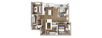 A 3D floor plan of a small apartment with a kitchen, living room, and bathroom.