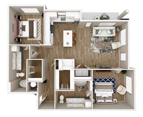 A 3D floor plan of a small apartment with a kitchen, living room, and bathroom.