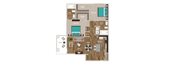 A floor plan of a house with a living room, dining room, kitchen, two bedrooms, a bathroom, and a patio.