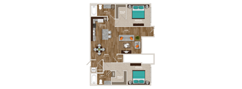 A floor plan of a two-bedroom apartment with a living room, kitchen, dining room, and bathrooms.