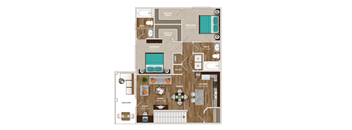 A floor plan of a house with a balcony, study, and two bedrooms.