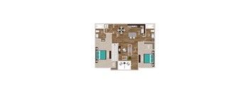 A floor plan of a house with a living room, dining room, kitchen, and two bathrooms.