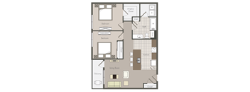 A floor plan with two bedrooms, a living room, kitchen, and bathrooms.