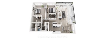 A 3D floor plan of a modern apartment with a kitchen, living room, and two bedrooms.