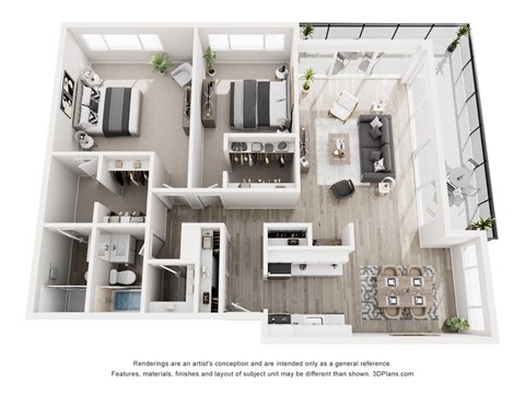 A 3D floor plan of a modern apartment with a kitchen, living room, and two bedrooms.