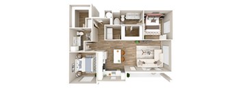 A 3D floor plan of a house with a living room, kitchen, and bathroom.