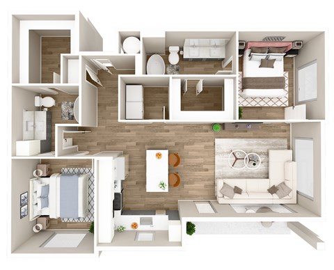 A 3D floor plan of a house with a living room, kitchen, and bathroom.