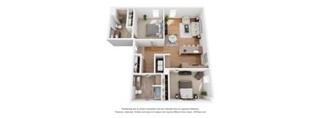 A 3D floor plan of a house with multiple rooms.