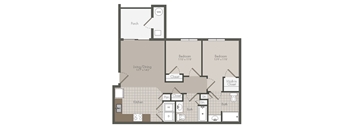 A floor plan with a kitchen, two bedrooms, a living/dining area, and a patio.