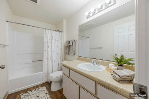 A bathroom with a white toilet, sink, and shower.