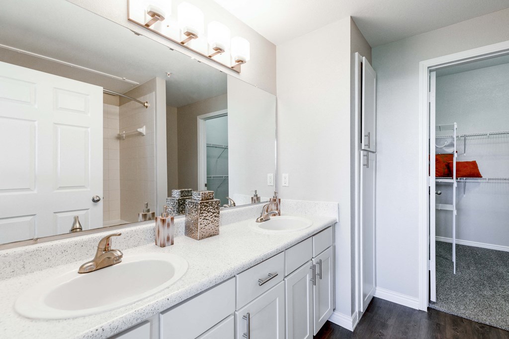 a bathroom with two sinks and a mirror