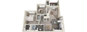 A 3D floor plan of a small apartment with a kitchen, living room, and bathroom.